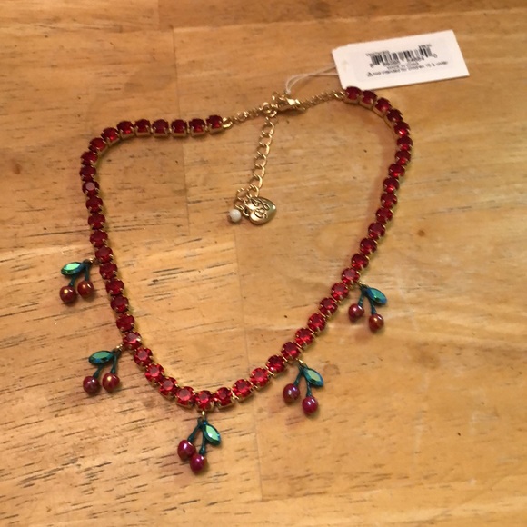 Betsey Johnson Gold Tone Red Crystal Tennis Necklace With Cherry Charms NWT - Picture 2 of 12